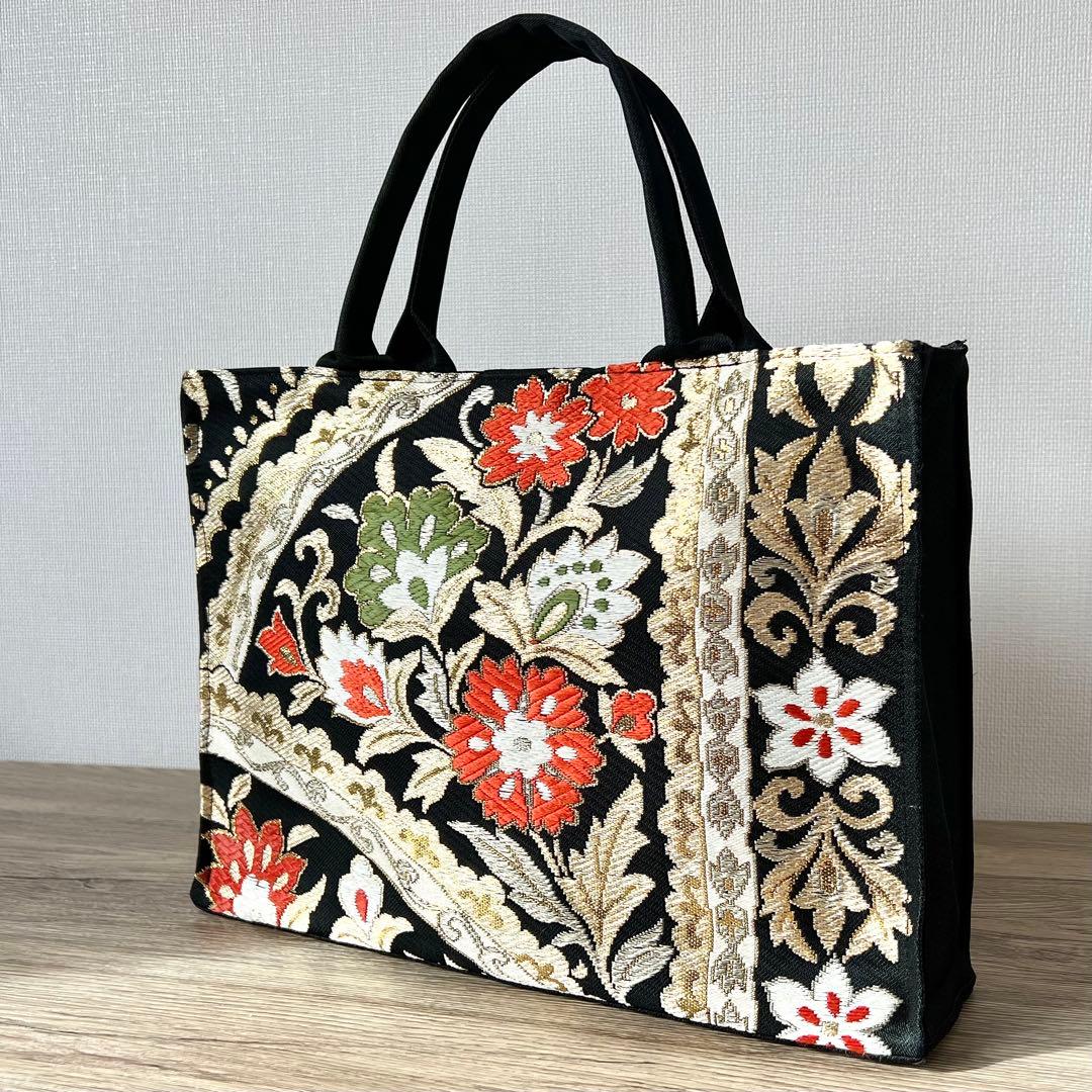 黒金に咲く朱橙の花 帯リメイク 正絹 一点物 卒業式 入学式 フォーマル