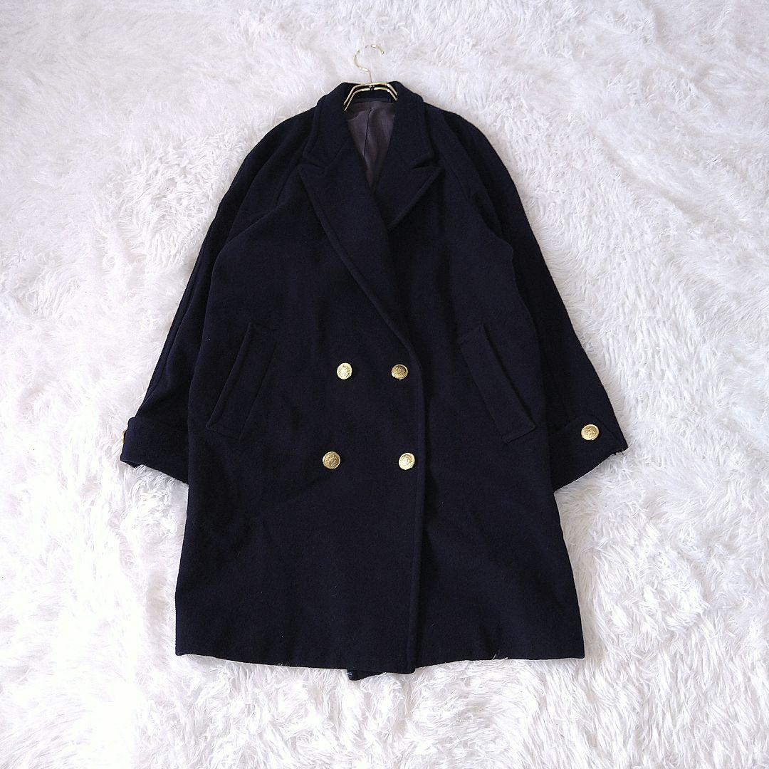 ダブルブレスト ウールコート金ボタン11エンブレムボタンネイビー