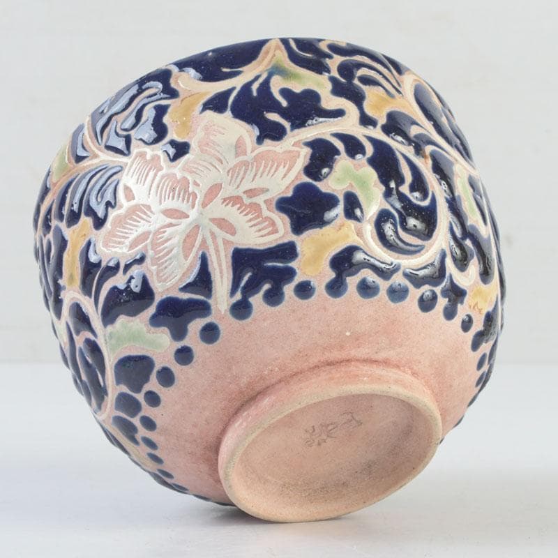 茶道具 青釉 花草文 茶碗 在銘 時代箱付 V 9705