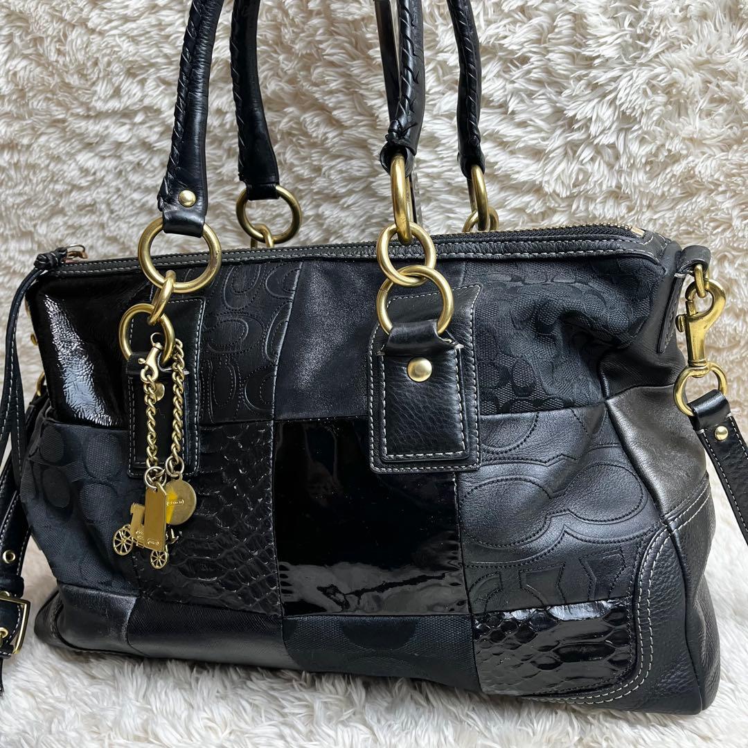 コーチ COACH ショルダー ハンドバッグ パッチワーク 2way クロコ 黒
