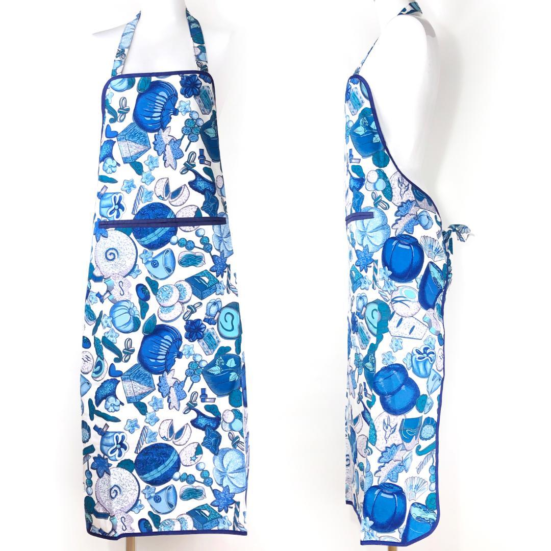 美品・箱付き】エルメス／調理用エプロン 和洋折衷絵柄／ネイビー