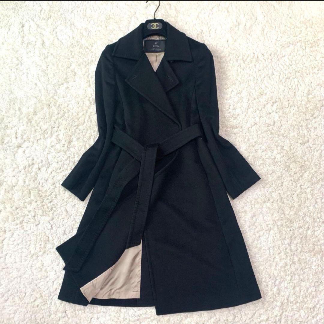 美品】INED イネド ガウンコート ベルト カシミヤ100% ブラック 黒