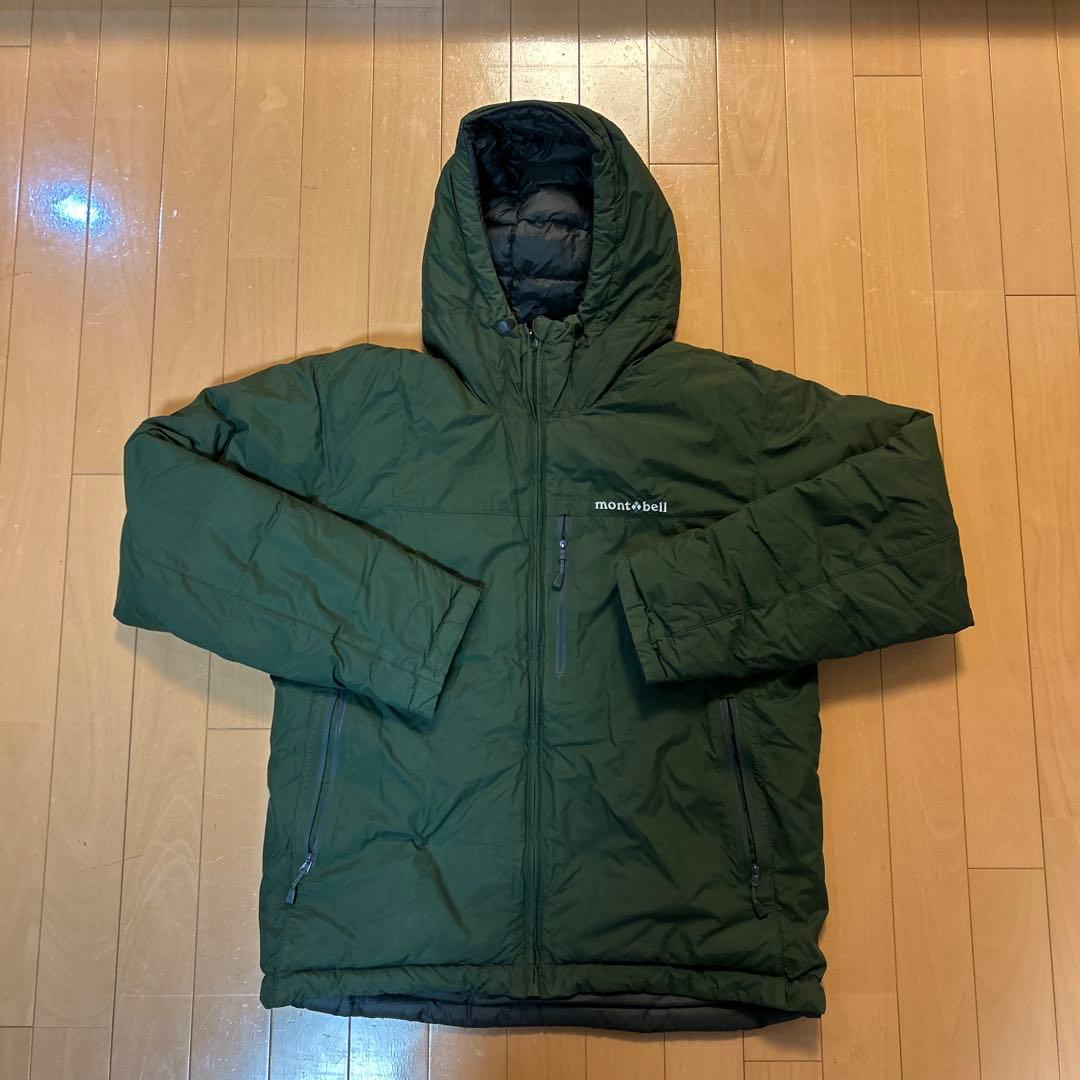 mont-bell フード付きダウンジャケット オリーブ＆グレー - メルカリ