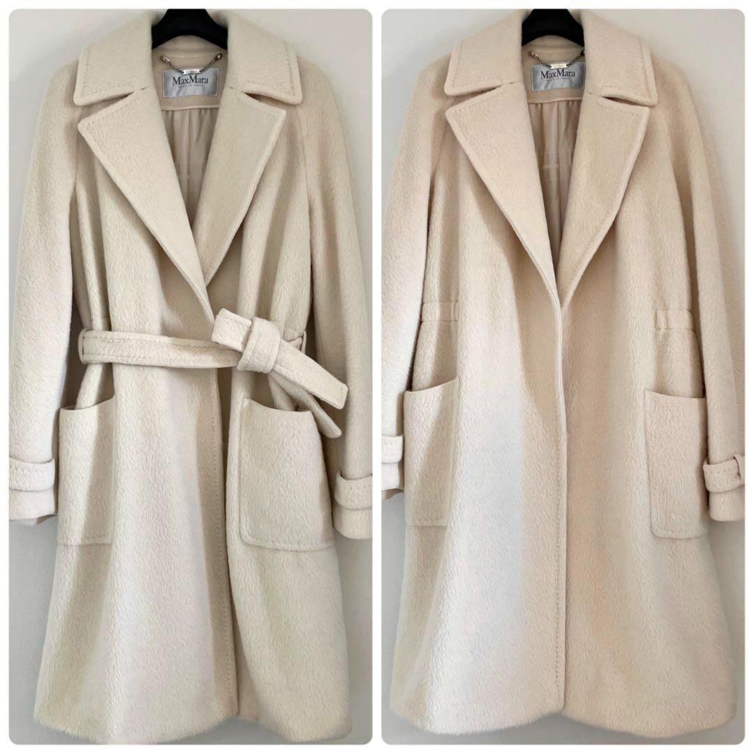 最高級 白タグ マックスマーラ アルパカベルテッドラップコート 44