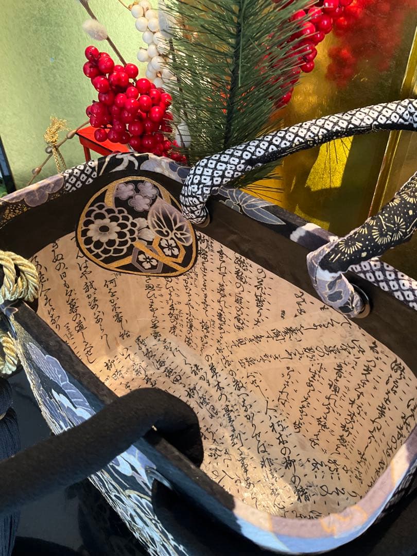 一閑張り 一閑張りバッグ 古文書 和紙 花絵柄 大正 着物 梅 京友禅