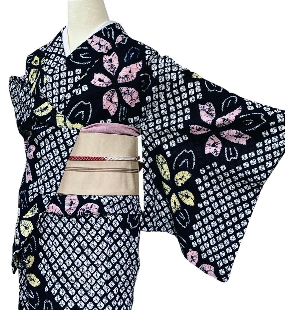 A94有松鳴海絞り 高級浴衣 花 綿　美品　トールサイズ　身丈162cm