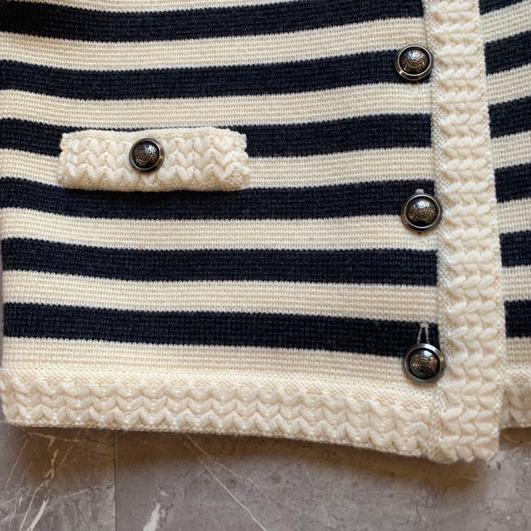 美品】Rene ルネ ニットジャケット ボーダー ネイビー 銀ボタン 38