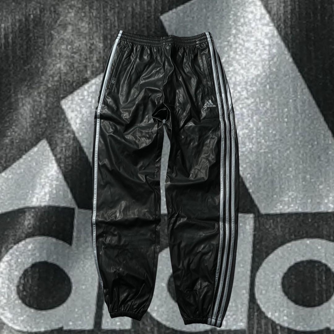 ほ*様 00s adidas レザー調 トラックパンツ コーティング ブラック