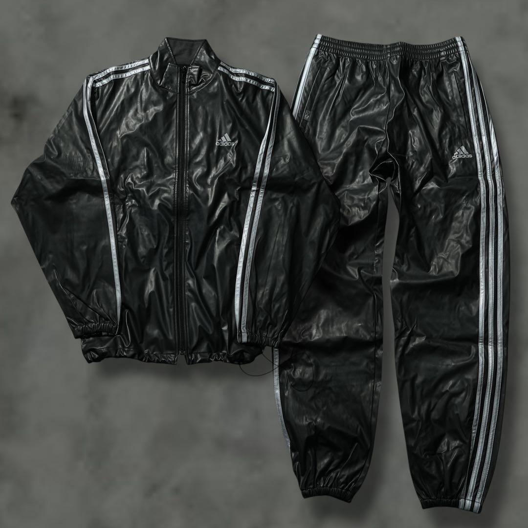 ほ*様 00s adidas レザー調 トラックパンツ コーティング ブラック