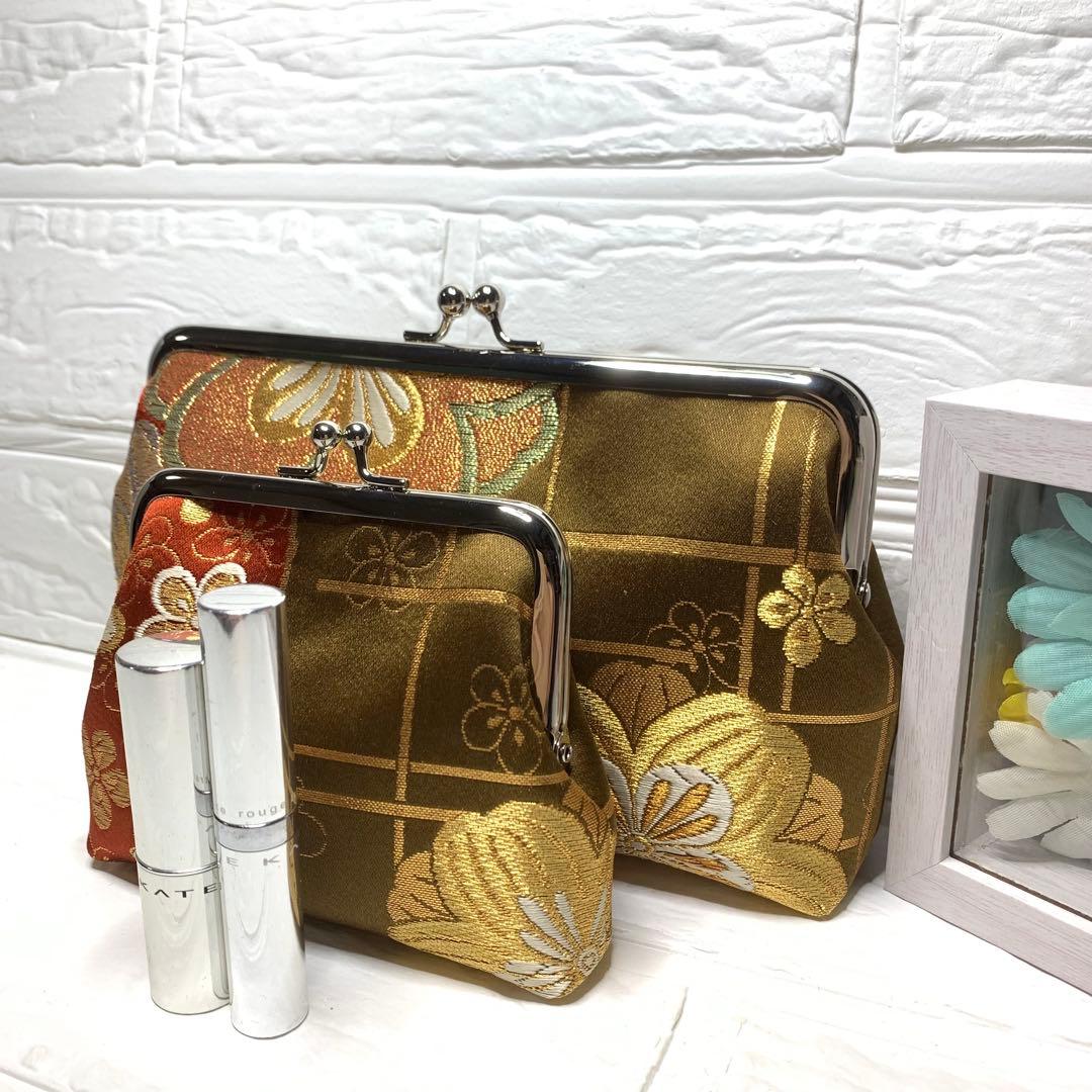 親子がま口ポーチ 正絹 高級袋帯リメイク 桜 梅 箔 2点セット - メルカリ