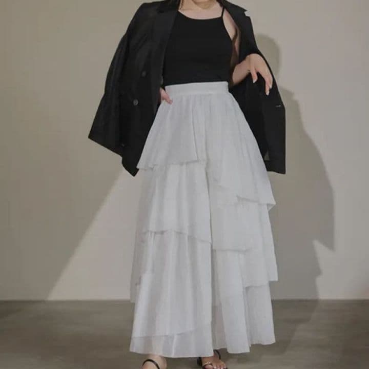 【anuans】イレギュラーティアードボリュームスカート ホワイト M