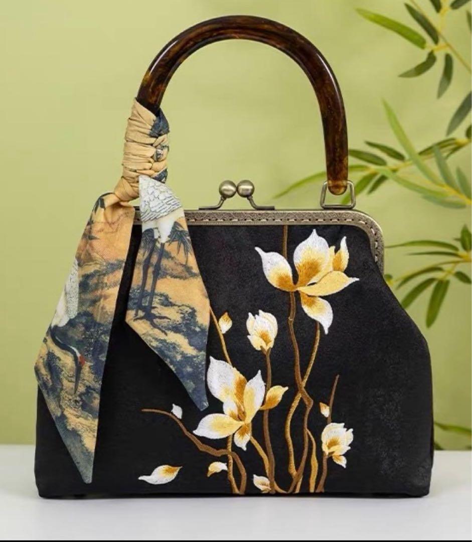 46 花柄刺繍 黒 和装用バッグ 礼装バッグ 利休バッグ 着物バッグ 日常
