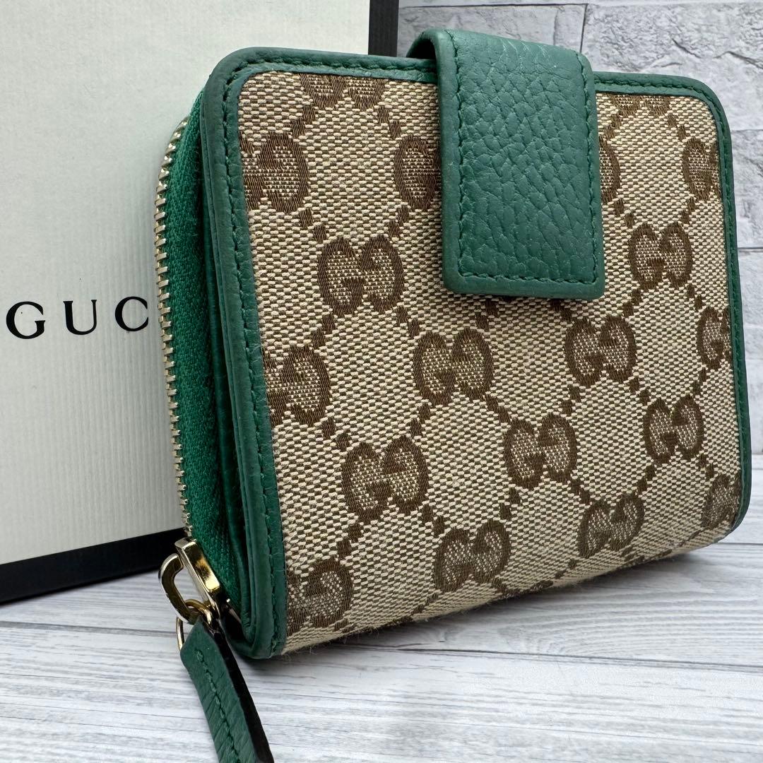 【美品】GUCCI　二つ折り財布　ラウンドジップ　 GG柄　キャンバス グリーン 美品】GUCCI 二つ折り財布 ラウンドジップ GG柄 キャンバス グリーン
