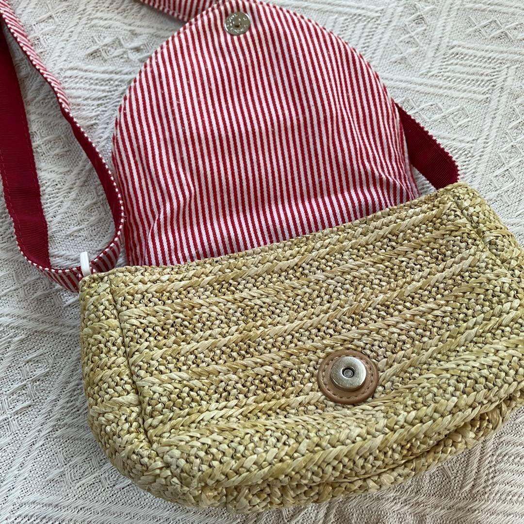 美品】familiar ファミリア 麦わら 舟形ポシェット ショルダーバッグ
