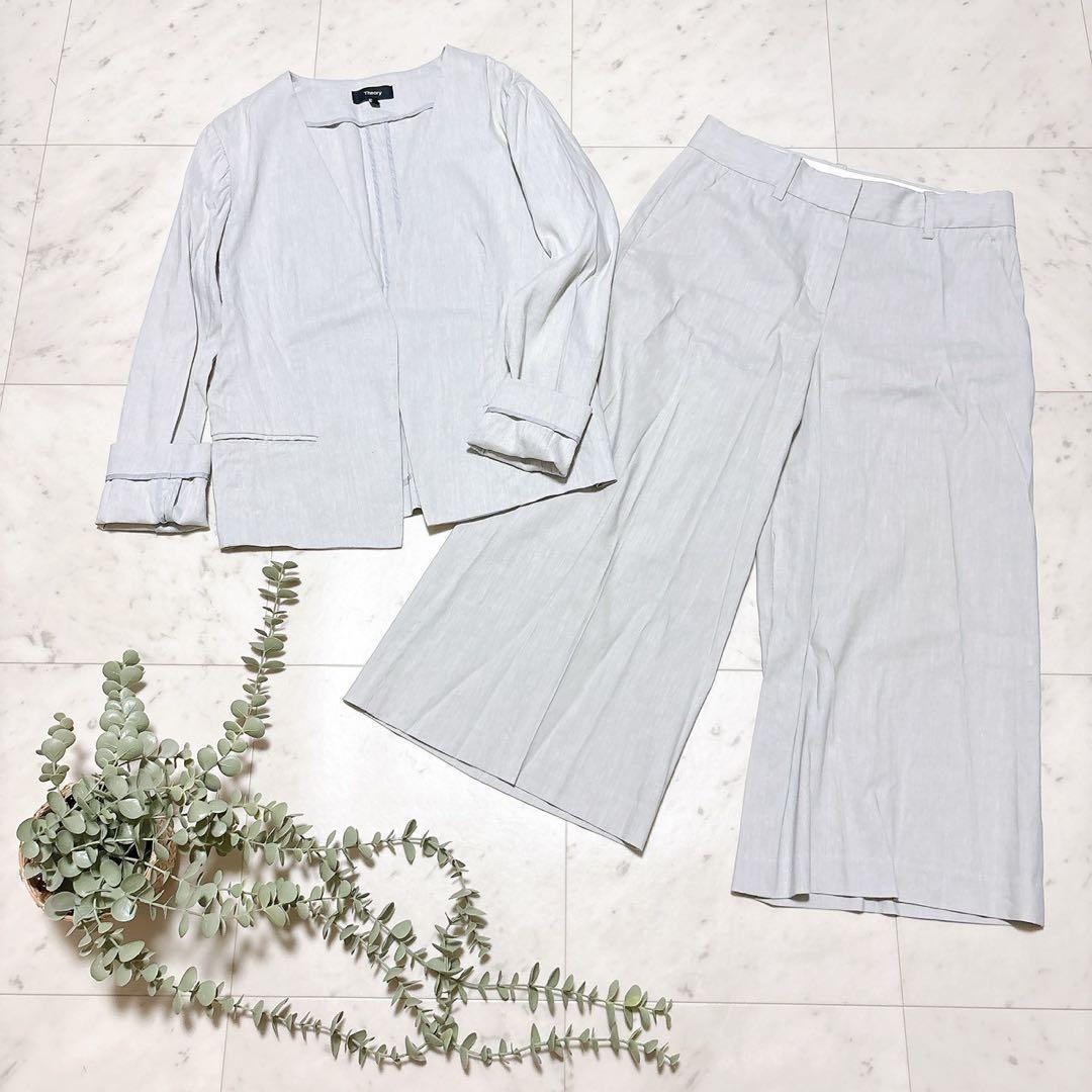 セオリー パンツスーツセットアップ リネン ノーカラー ワイドパンツ