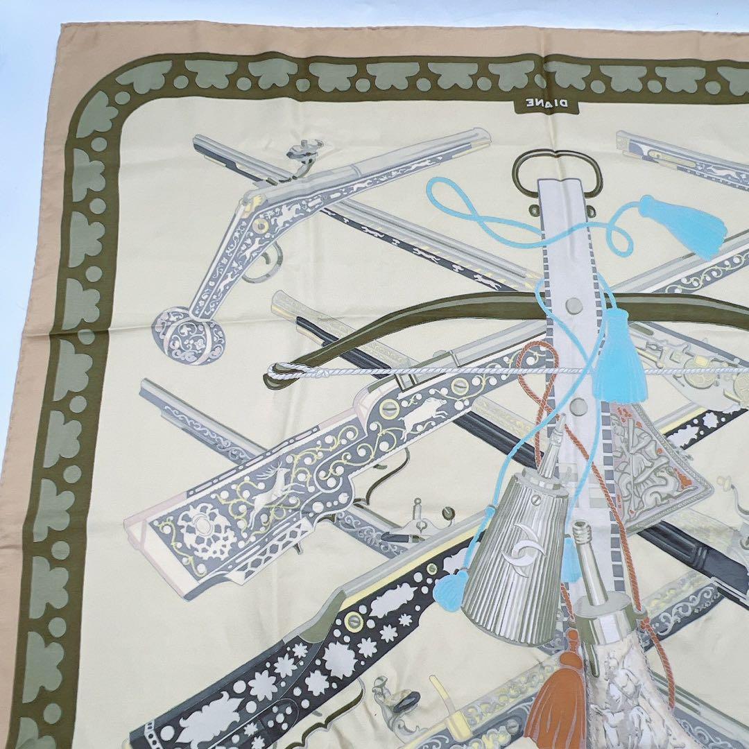 エルメス シルクスカーフ カレ90 DIANE ダイアナ 狩猟 銃 ベージュ希少