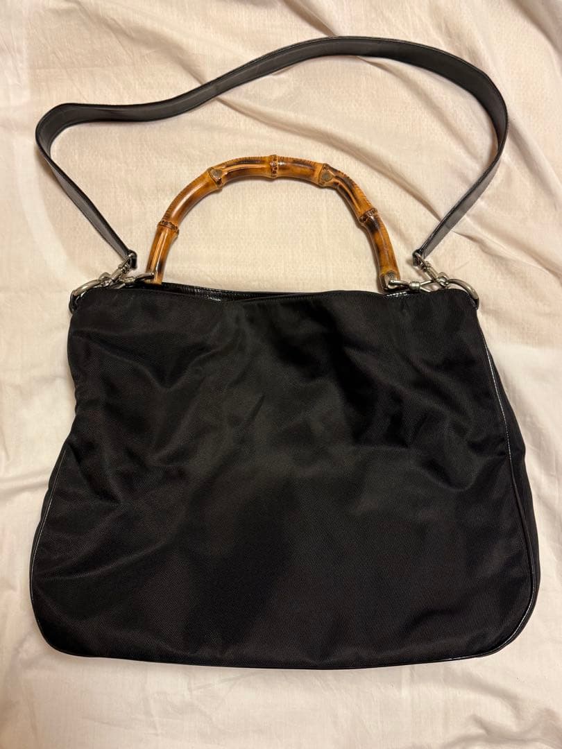 GUCCI ブラックナイロンキャンバスxバンブー2Wayハンドバッグ - メルカリ