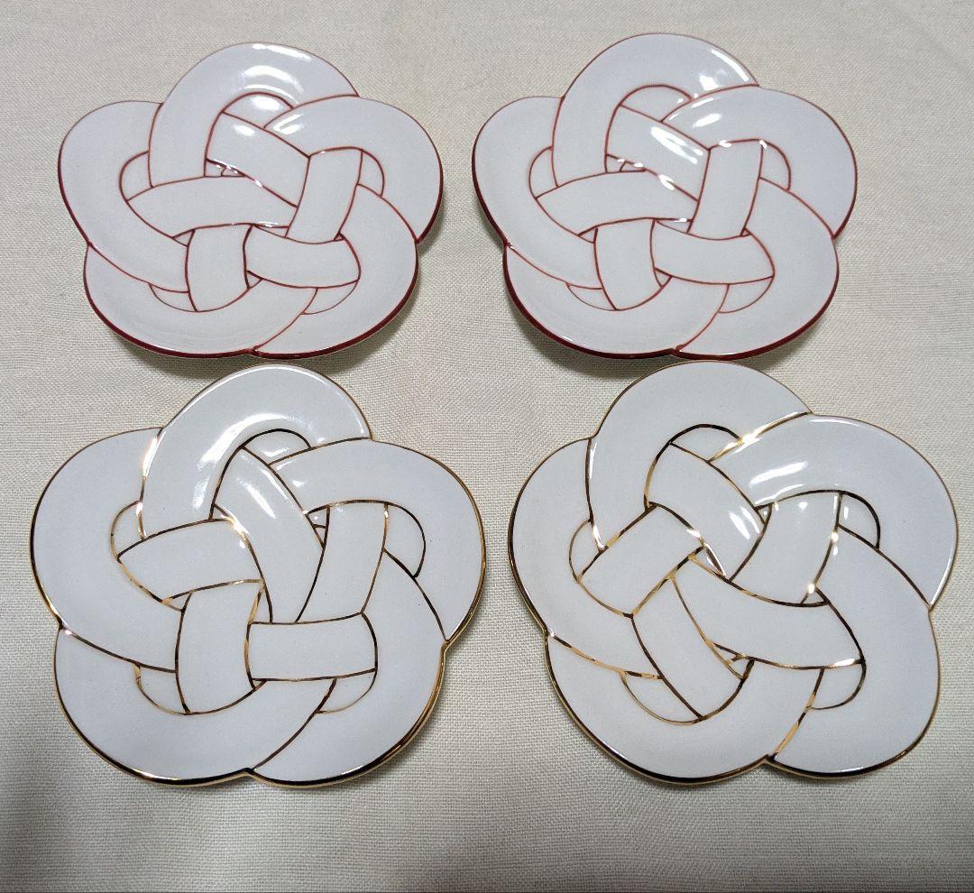 結び皿陶磁器小皿4枚セット朱と金セット - メルカリ