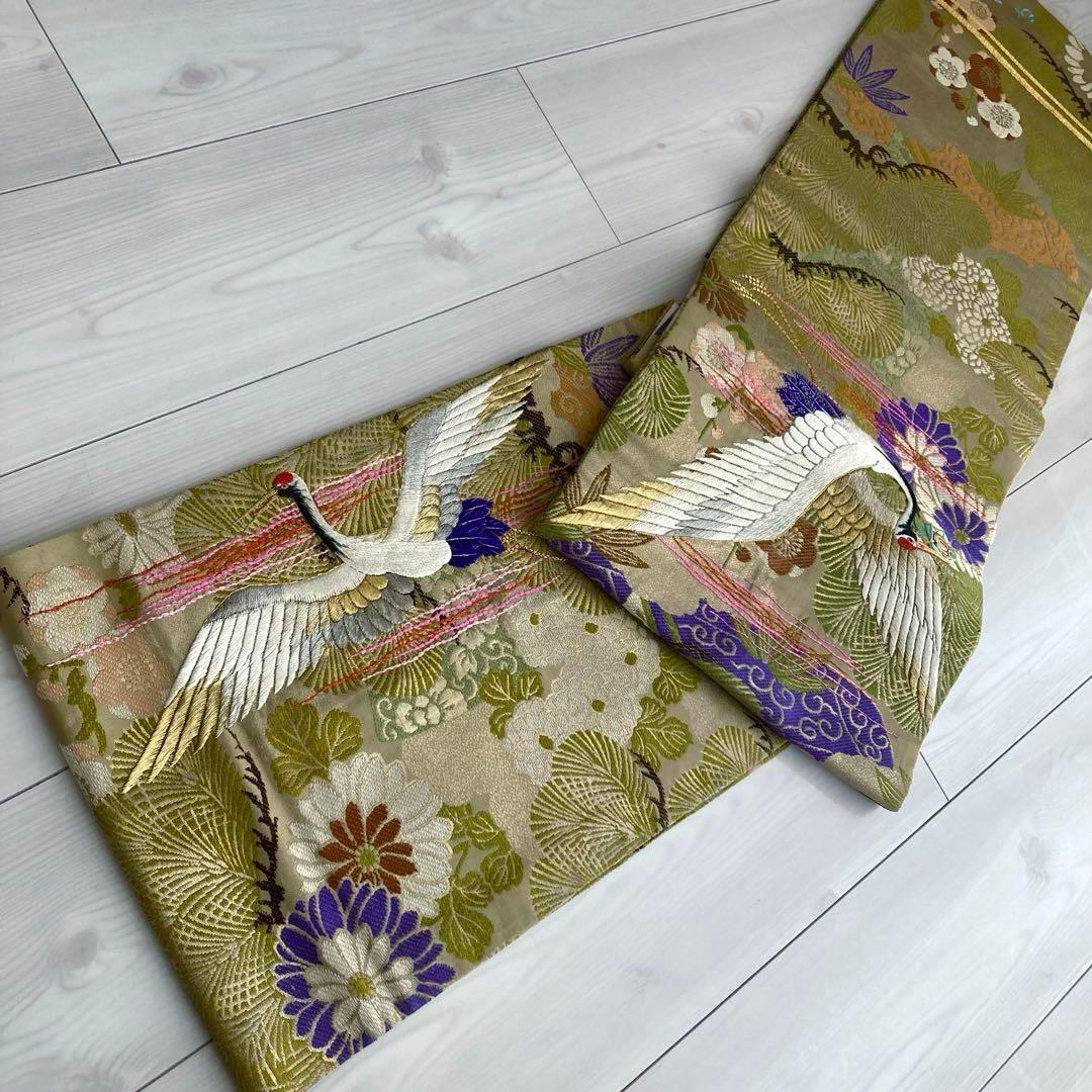 アンティーク名古屋帯　鶴の刺繍　金駒刺繍　上質　正絹　No.2-24