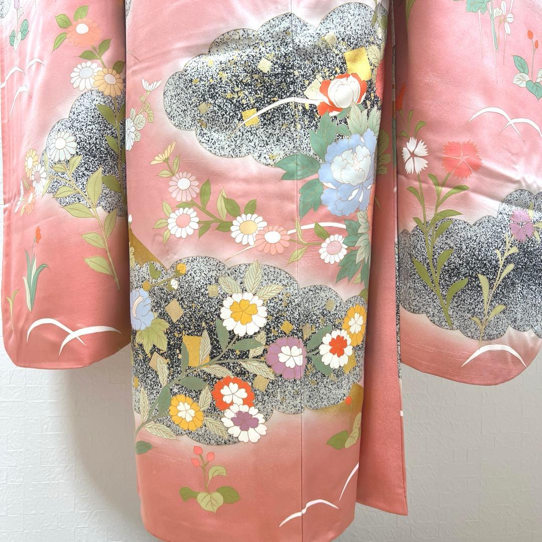 471 振袖フルセット 正絹 くすみピンク 渋桃 黒 金彩 暈し染め たたき染め