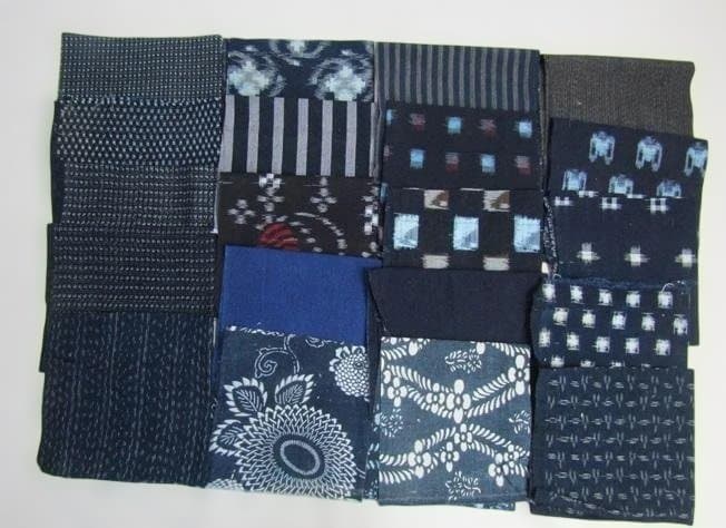 古布藍染木綿 072 無地 絣、型染め、縞などのはぎれ20種20枚セット