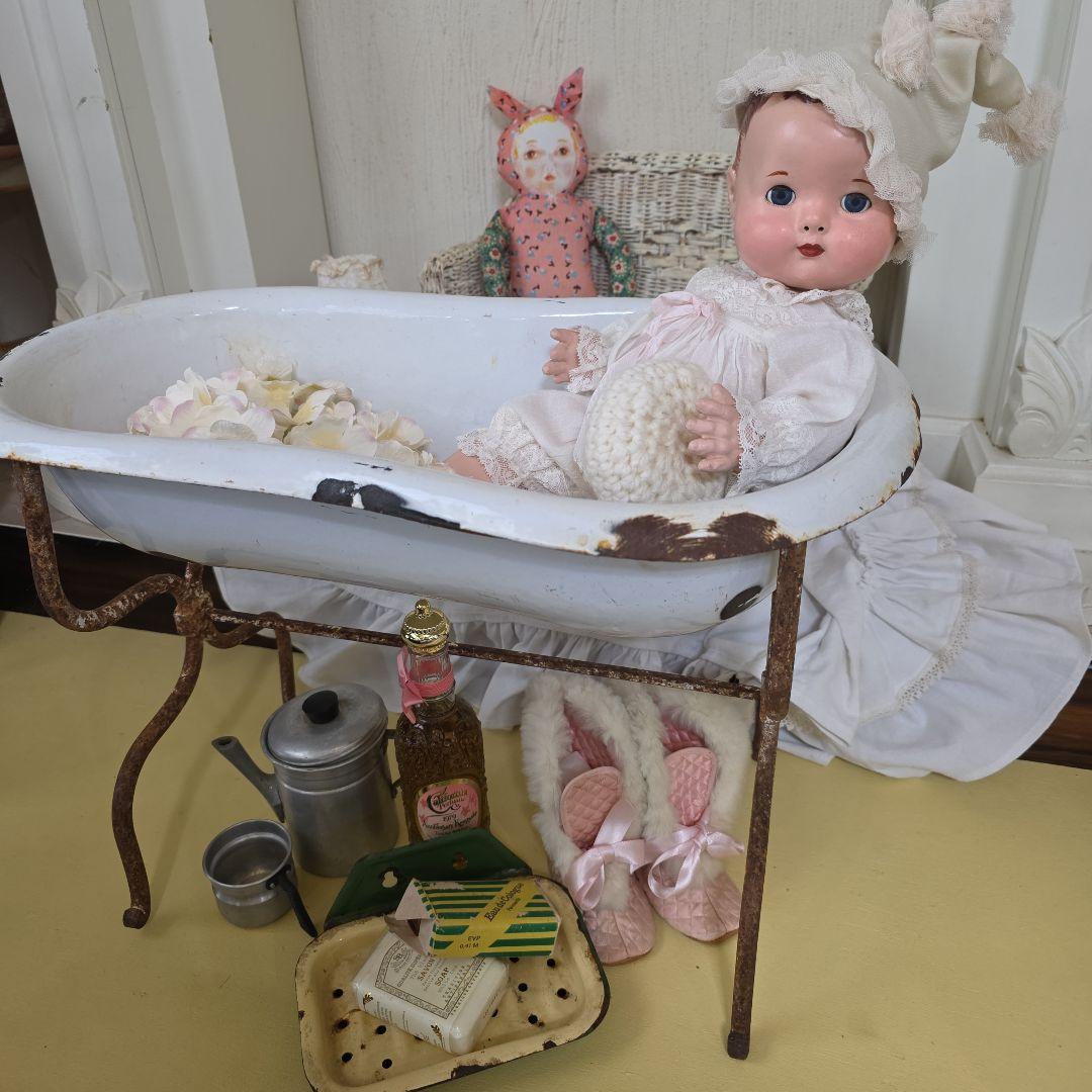 フランスアンティーク　ホーロー　バスタブ　フレンチシャビーブロカント フランスJAPYジャピー社 アンティークホーロー両手鍋 ピンクローズ