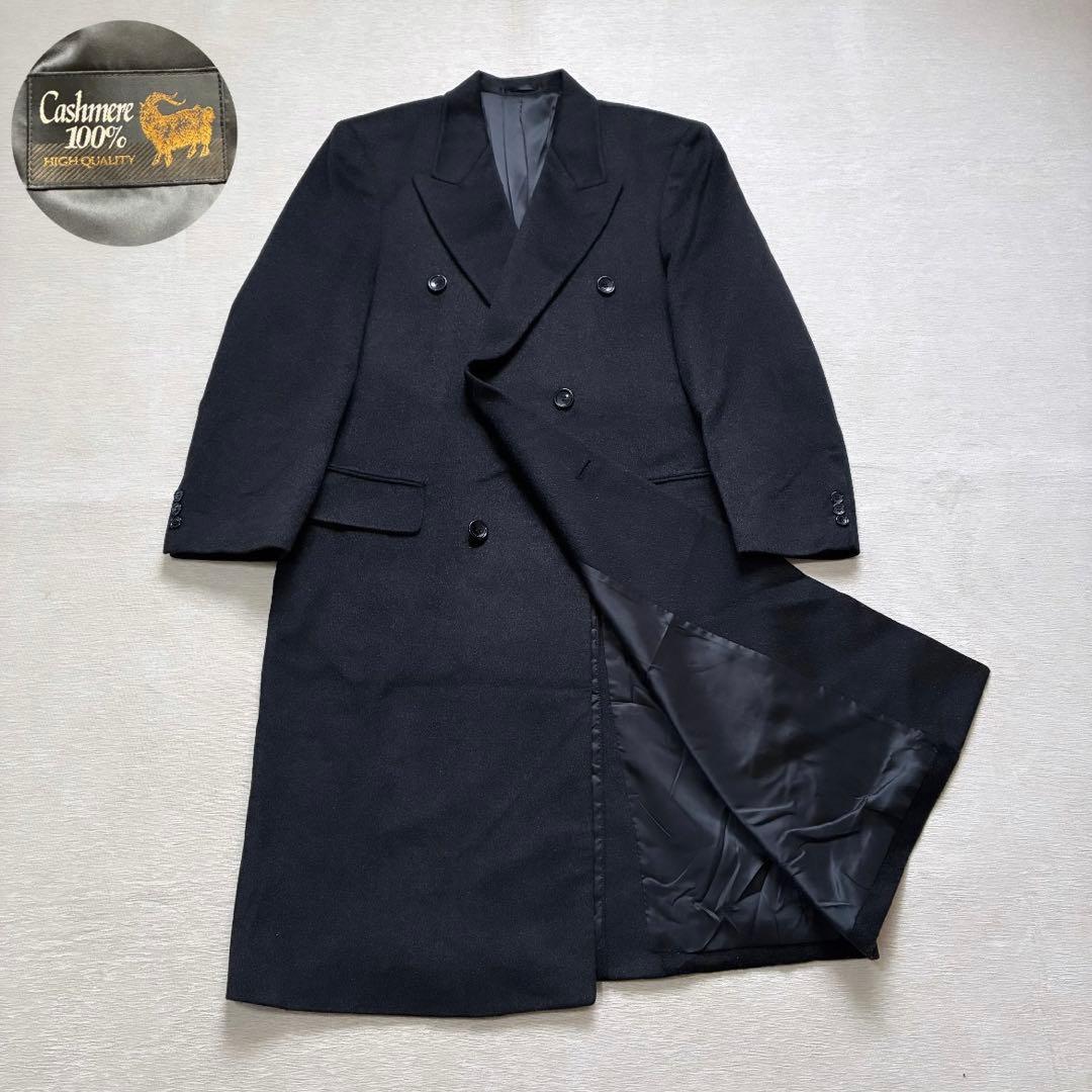 チェスターコート　ダブル　カシミヤ100%　チャコールグレー　ロングコート　L