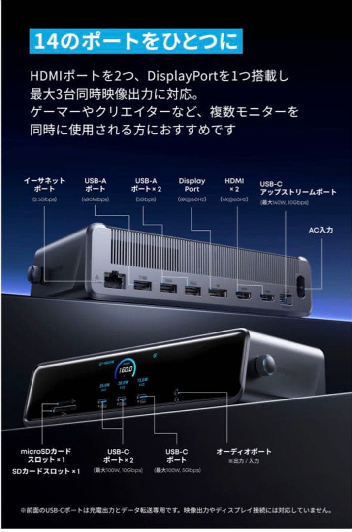 ANKERドッキングステーションprimeドッキングステーション Anker Prime ドッキングステーション (14-in-1, Dual Display, 160W