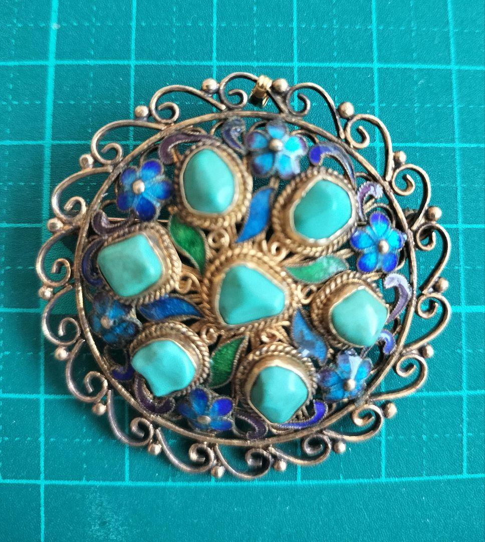 中国七宝 ターコイズ ブルーエナメルフラワーブローチ兼ペンダント