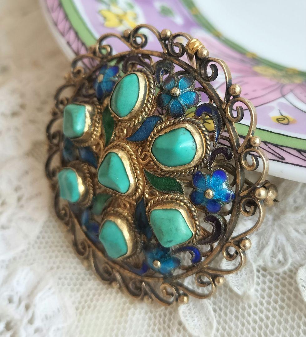 中国七宝 ターコイズ ブルーエナメルフラワーブローチ兼ペンダント
