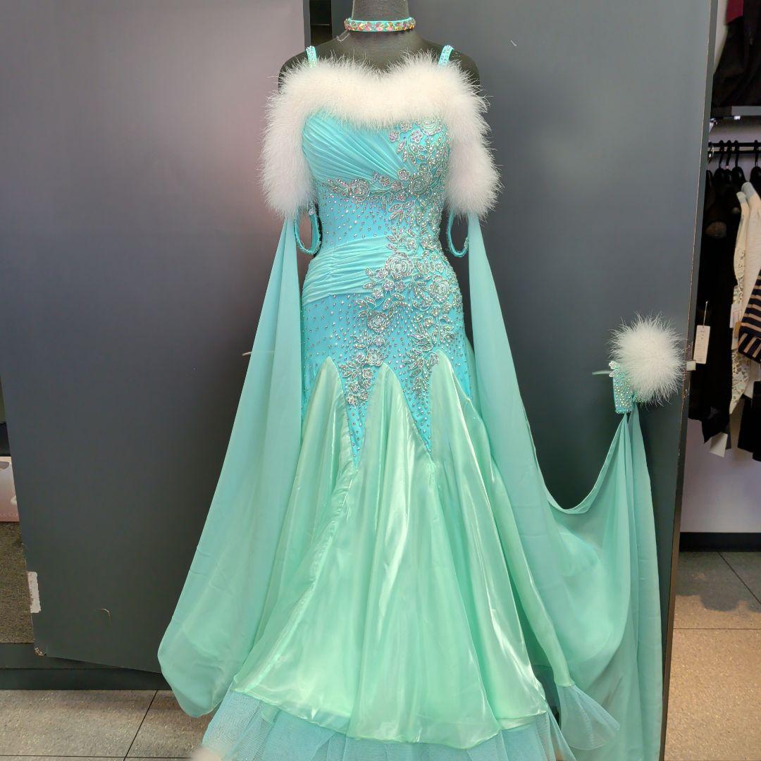 社交ダンススタンダードドレス ミントグリーン ラインストーン刺繍S