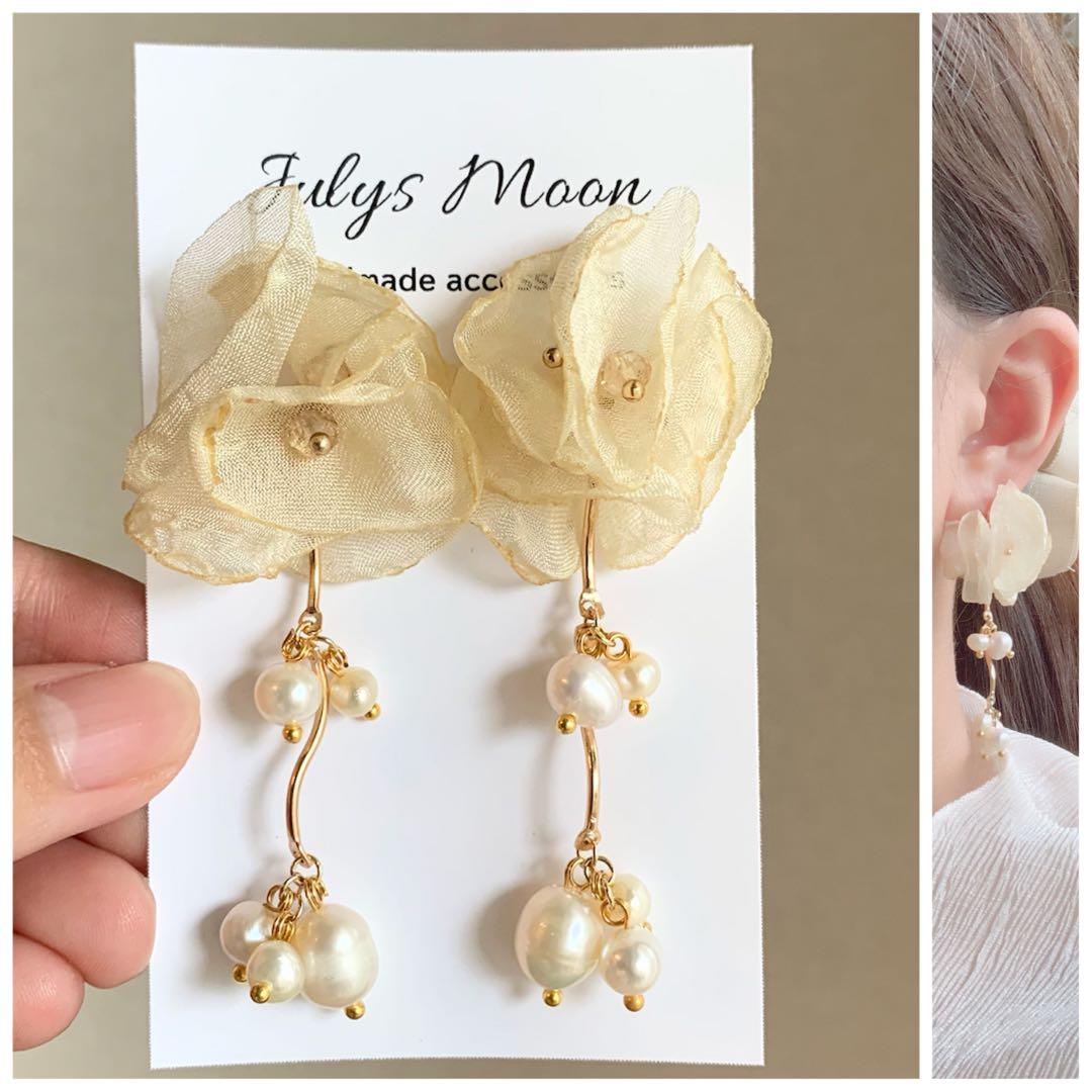 6974アンティークピアスイヤリングゴールド大ぶりフラワーシフォン淡水