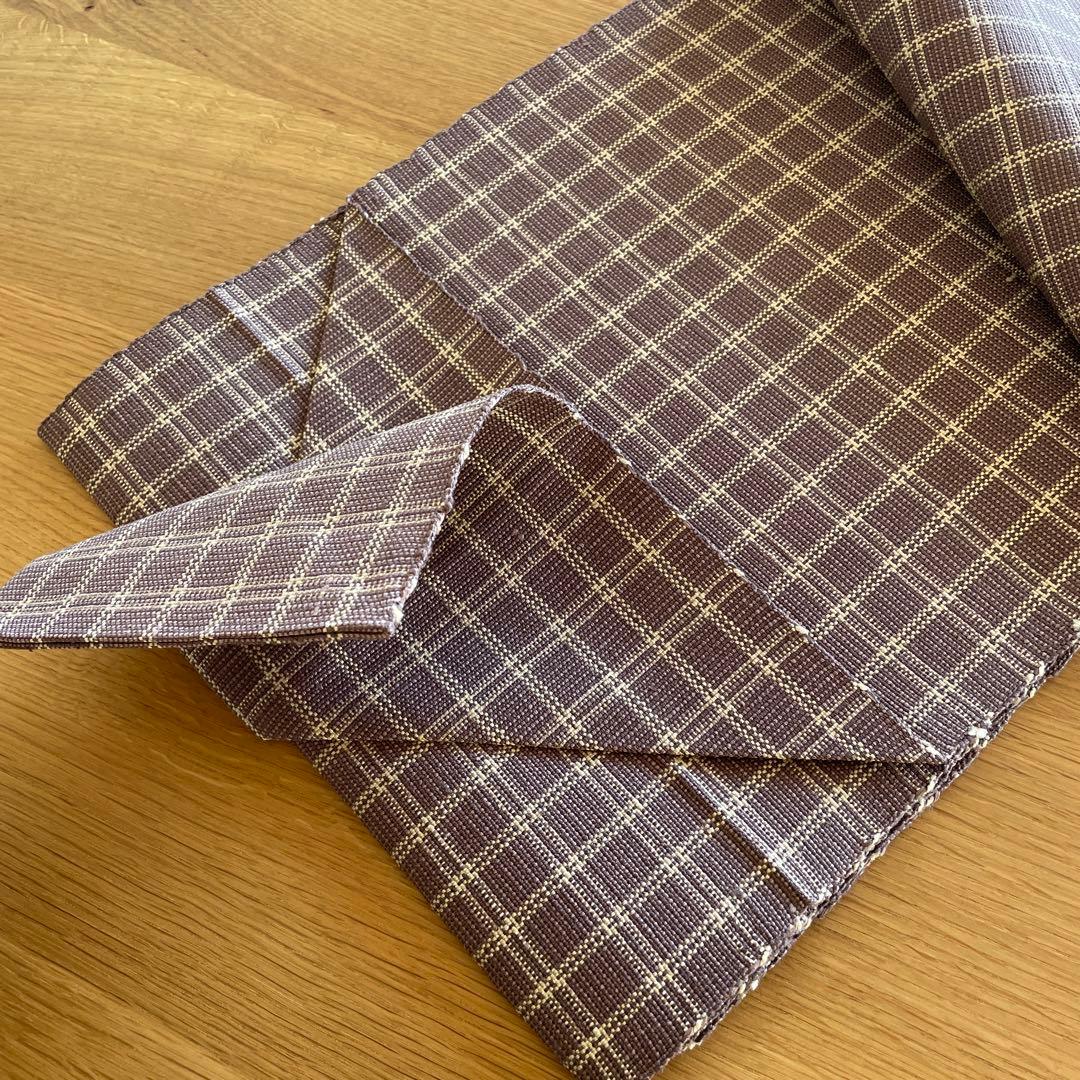 証紙あり】結城紬 八寸名古屋帯 格子 正絹