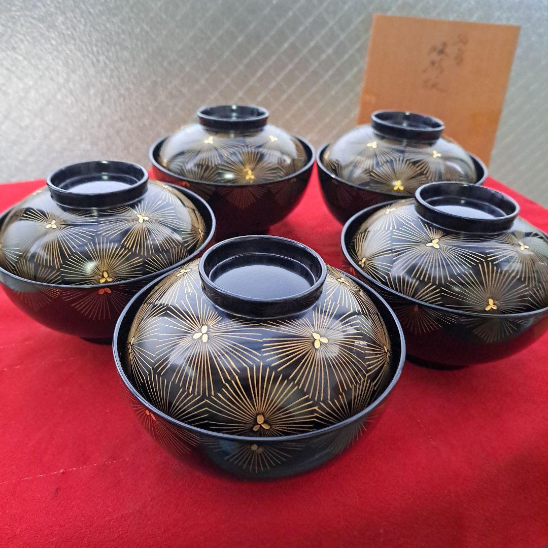 輪島塗 御吸物椀×5客】布着本堅地 亀甲松