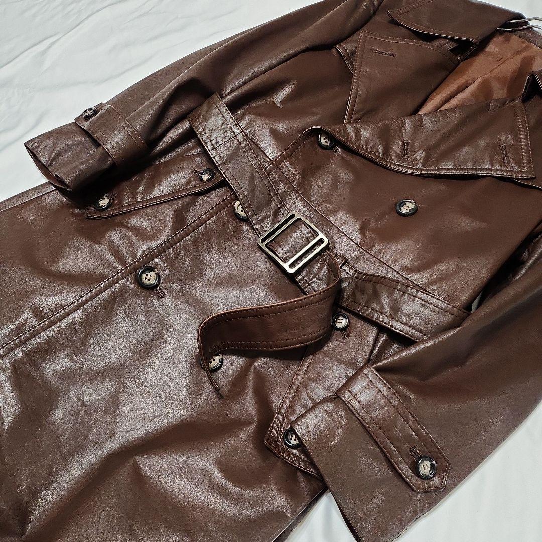 S*A様 b10 良品 本革レザー ロング トレンチコート 茶/M