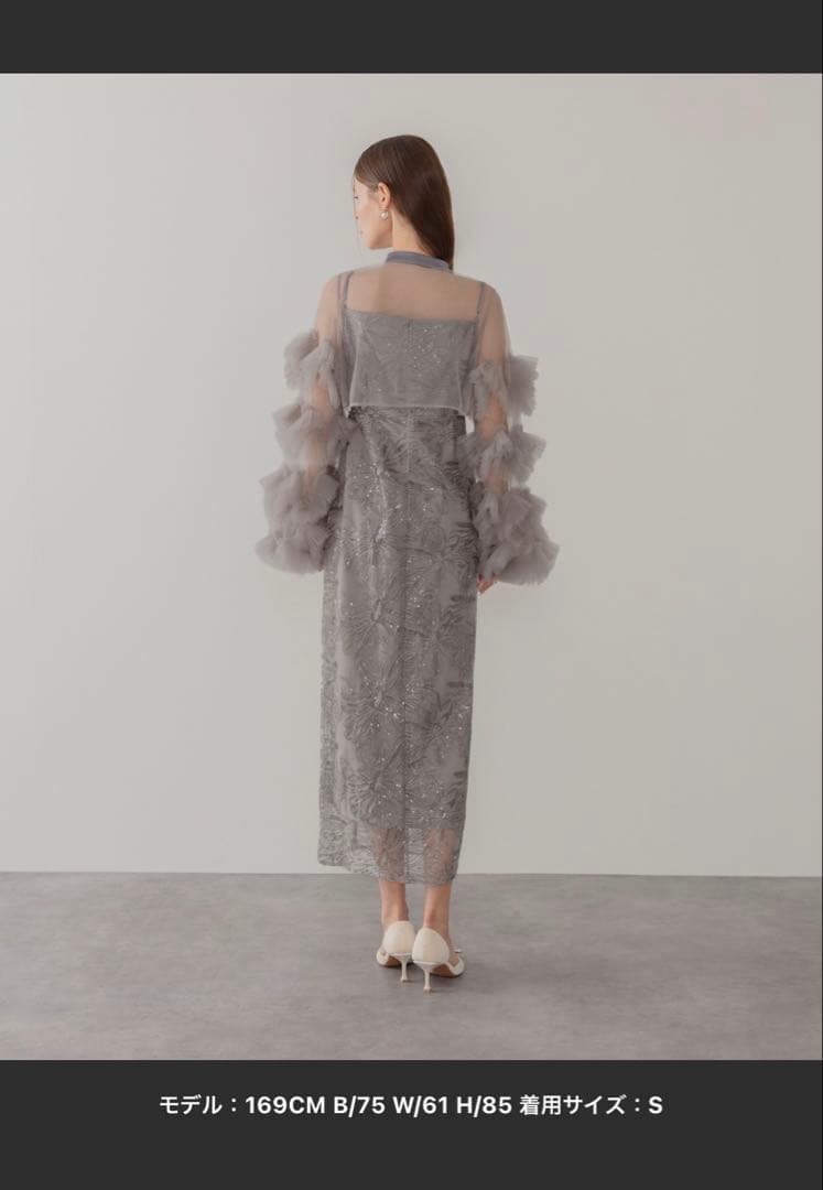 《LEJA 》フリルチュールスリーブリボンIラインワンピースドレス結婚式二次会