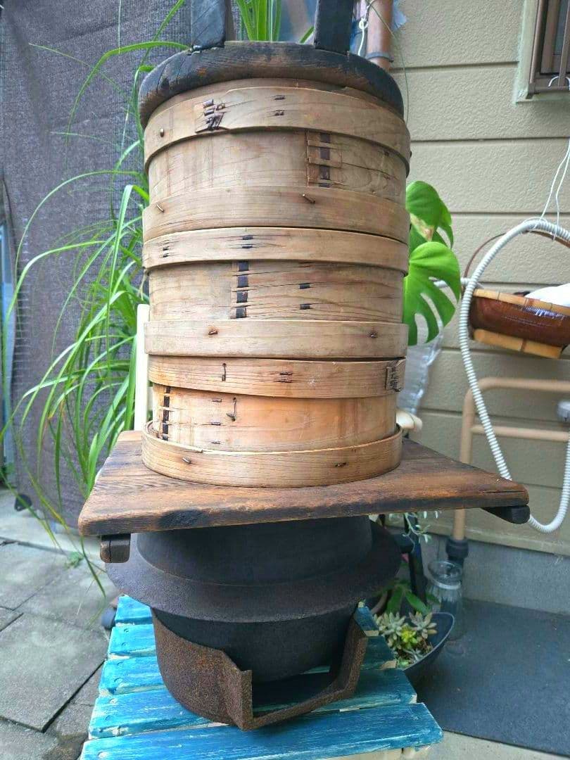 古民具 鉄製羽釜(蓋付き) ／ 和せいろ蒸し器 お餅つき用具