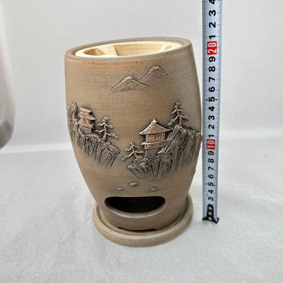 羽柴興誓作 山水彫 涼炉 共箱付 陶製 興誓窯 煎茶道具