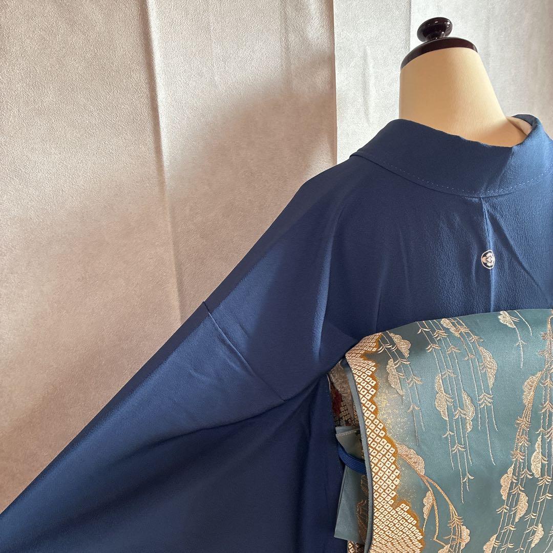 色無地　フルセット　着物　正絹　一つ紋　ブルー系　G4