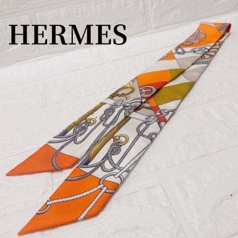 美品✨HERMES エルメス ツイリー クリケティス オレンジ ホワイト エルメス ツイリー Cliquetis クリケティス スカーフ シルク オレンジ