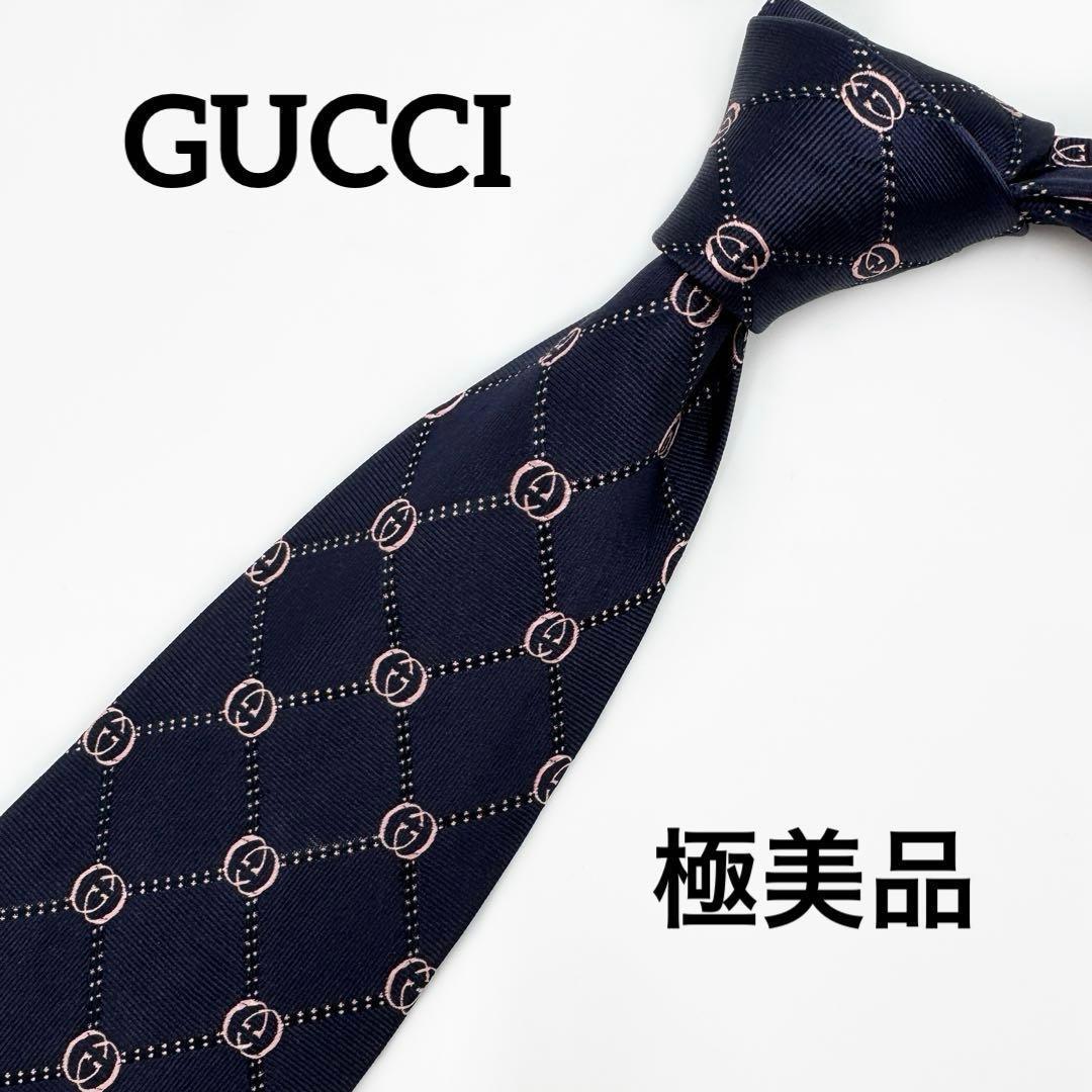 極美品 GUCCI グッチ ネクタイ インターロッキング GG ダイヤチェック