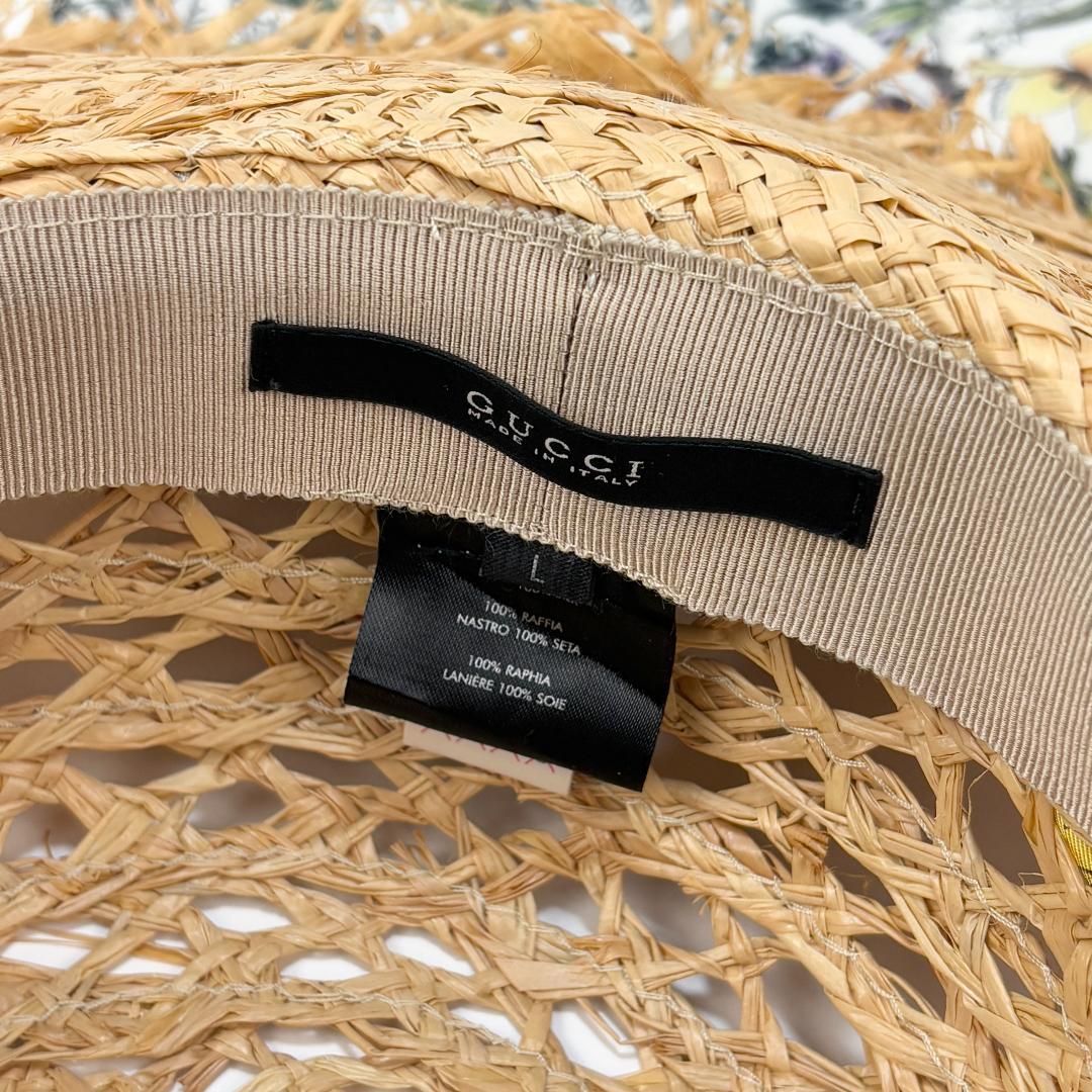 美品 GUCCI ラフィアハット フローラ リボン 339074 L 麦わら帽子