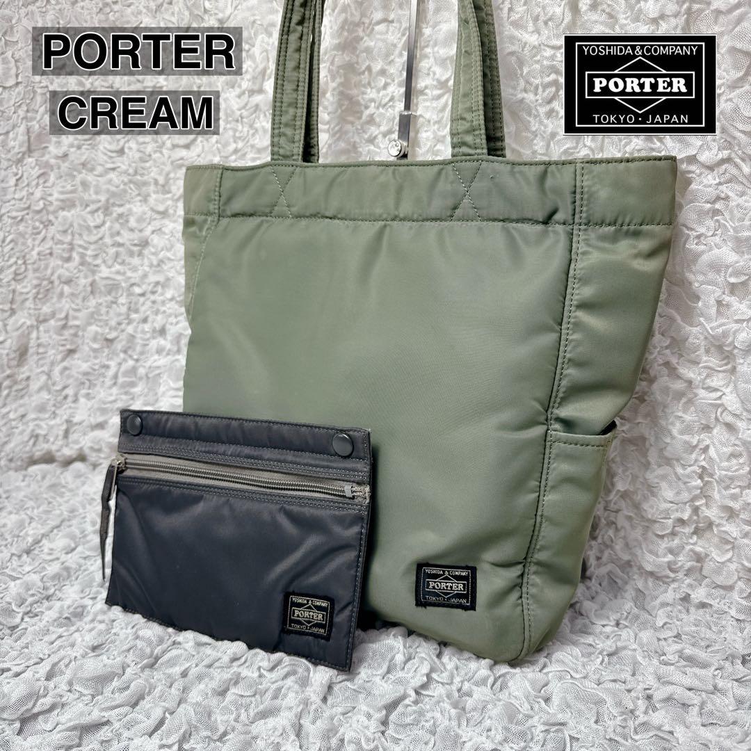 PORTER CREAM トートバッグ カーキ グリーン ナイロン ポーチ付き