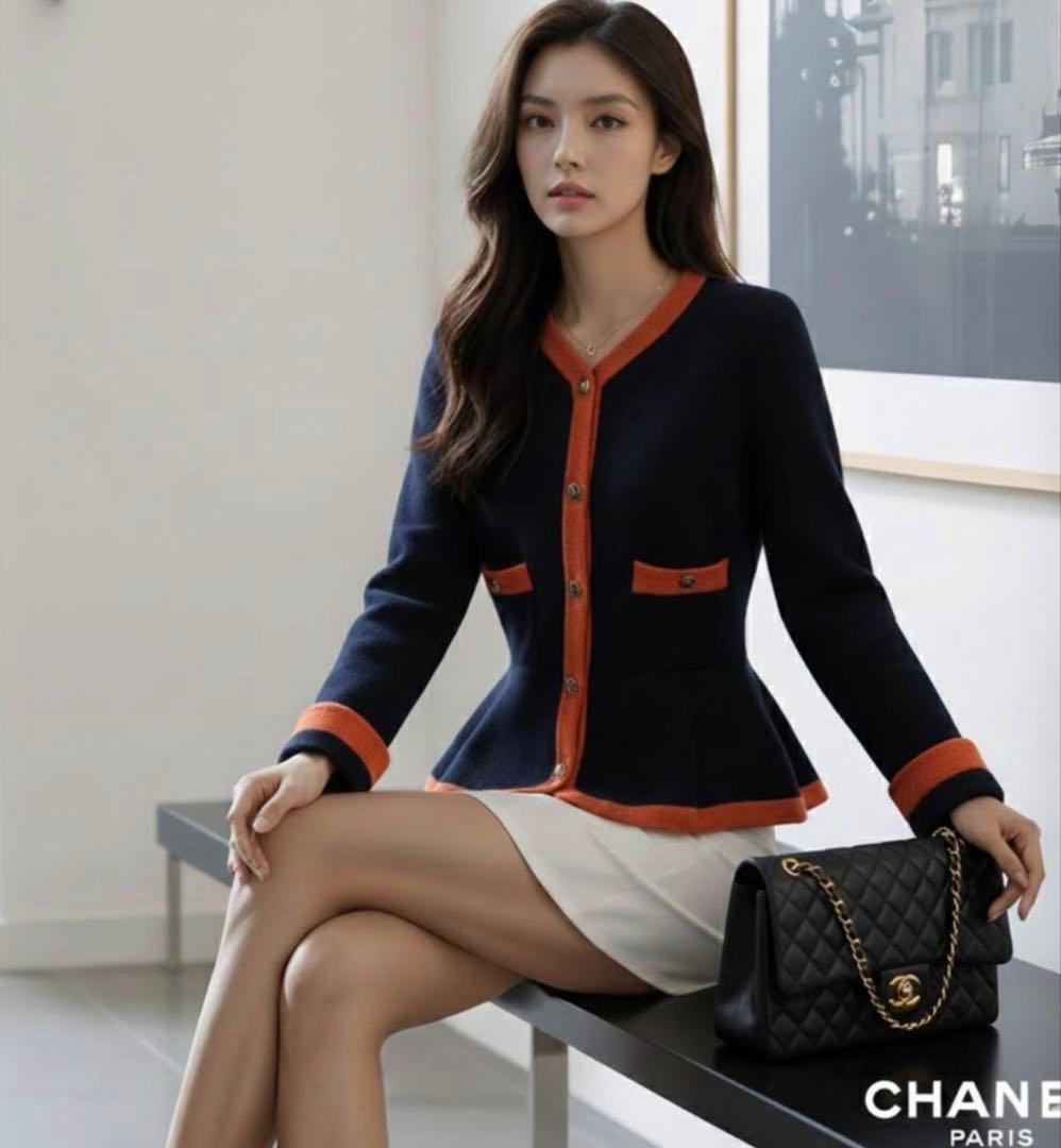 美品☆CHANEL☆極上カシミヤ100☆トリミング☆ノーカラージャケット