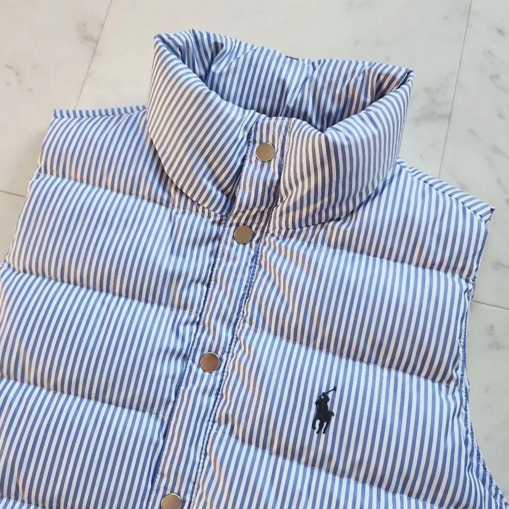 美品 ラルフローレン ダウンベスト ポニー刺繍 ストライプ 青×白 希少・好配色】ポロラルフローレン リバーシブルダウンベスト ポニー