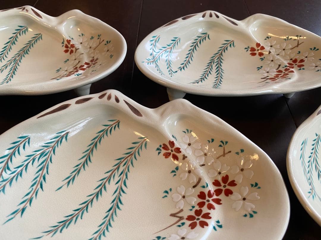 清水焼向付　仁清重ね蛤柳桜3客 新品未使用 お造り　前菜器