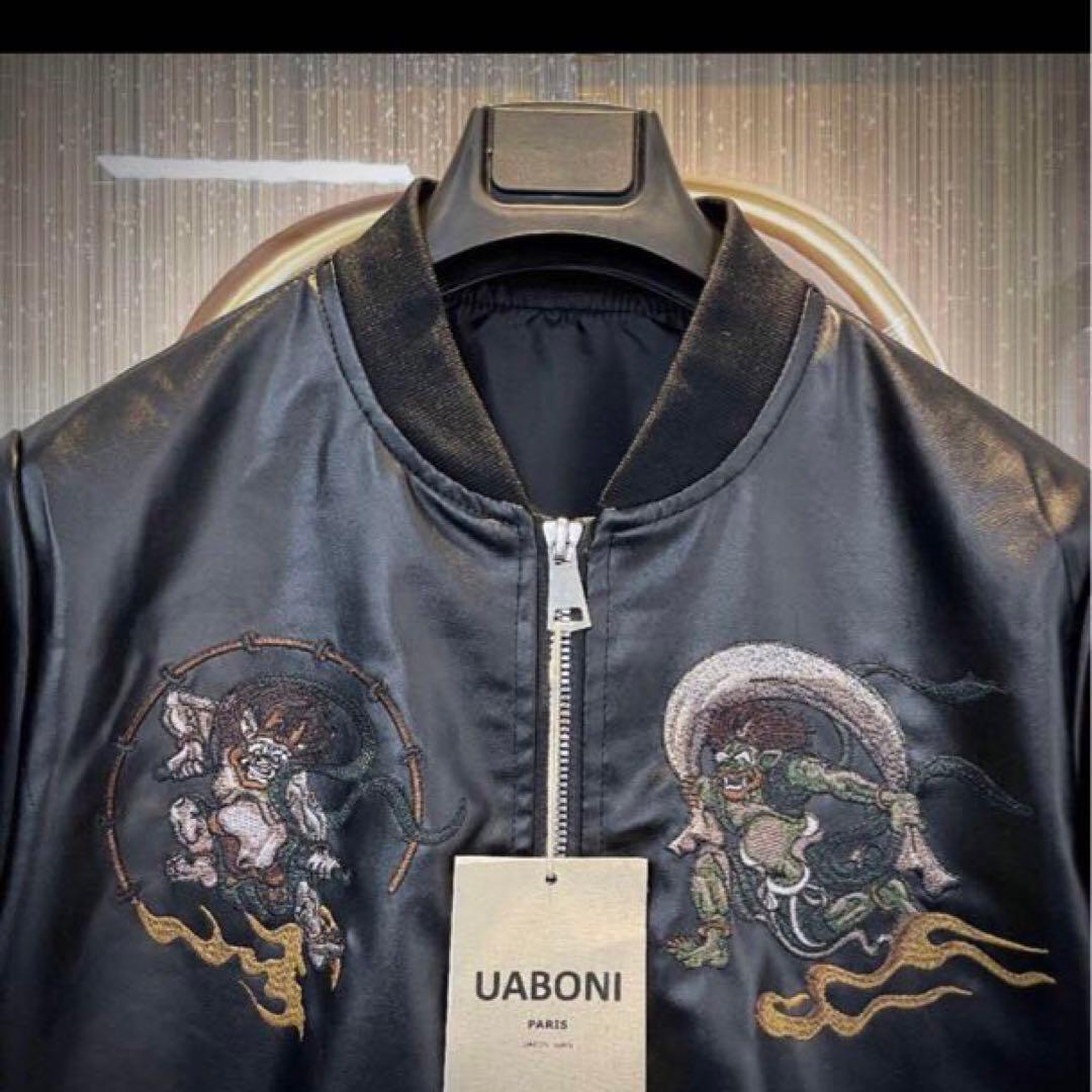 新品未使用✨】UABONI☆刺繍風神雷神☆レザージャケット☆MA-1☆L
