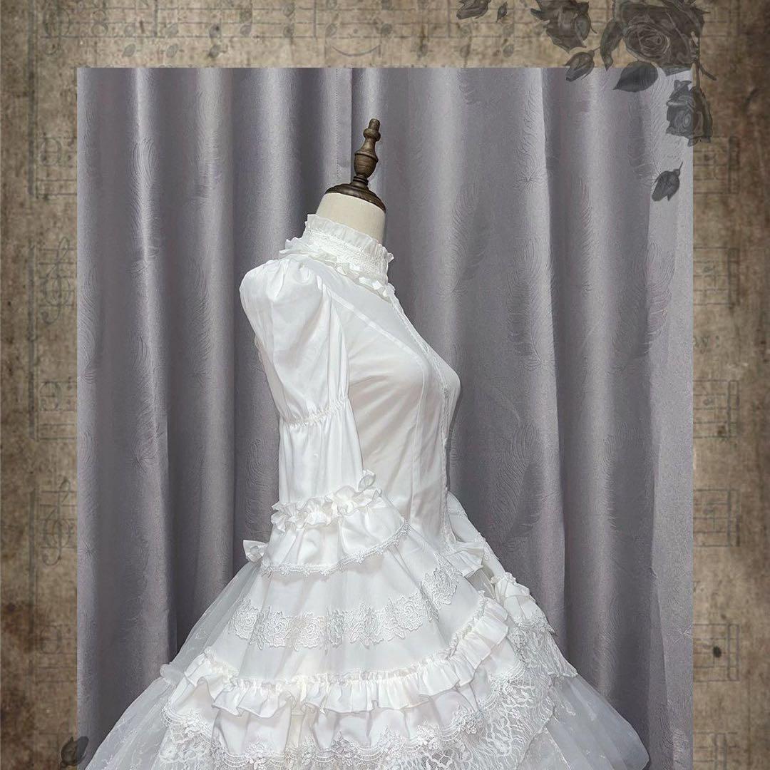 ロリータ フリルブラウス 後ろ編み上げ姫袖 シャーリング ホワイト