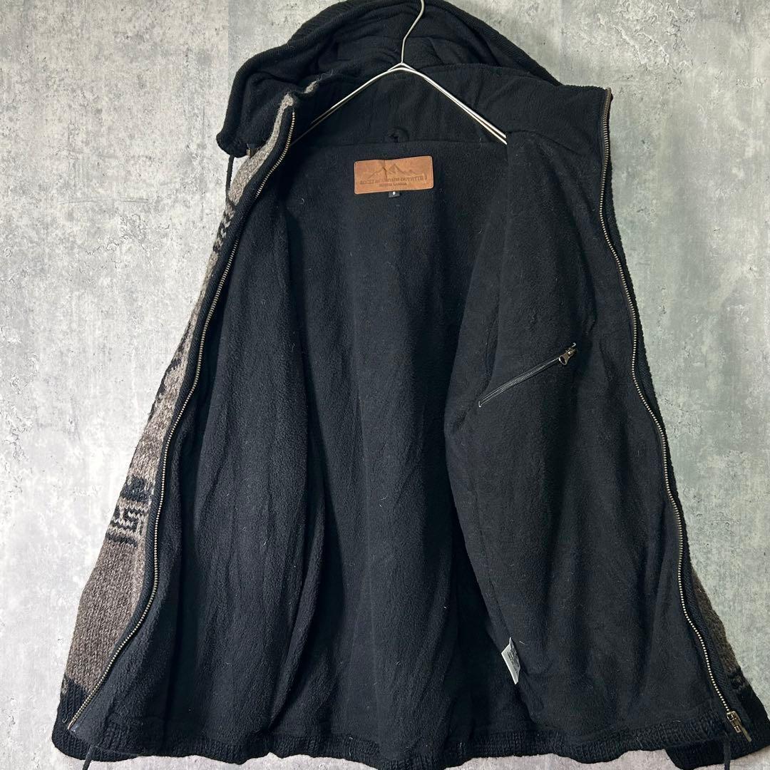 希少 ネパール製 ニット パーカー 裏地フリース ネイティブ柄 黒 茶