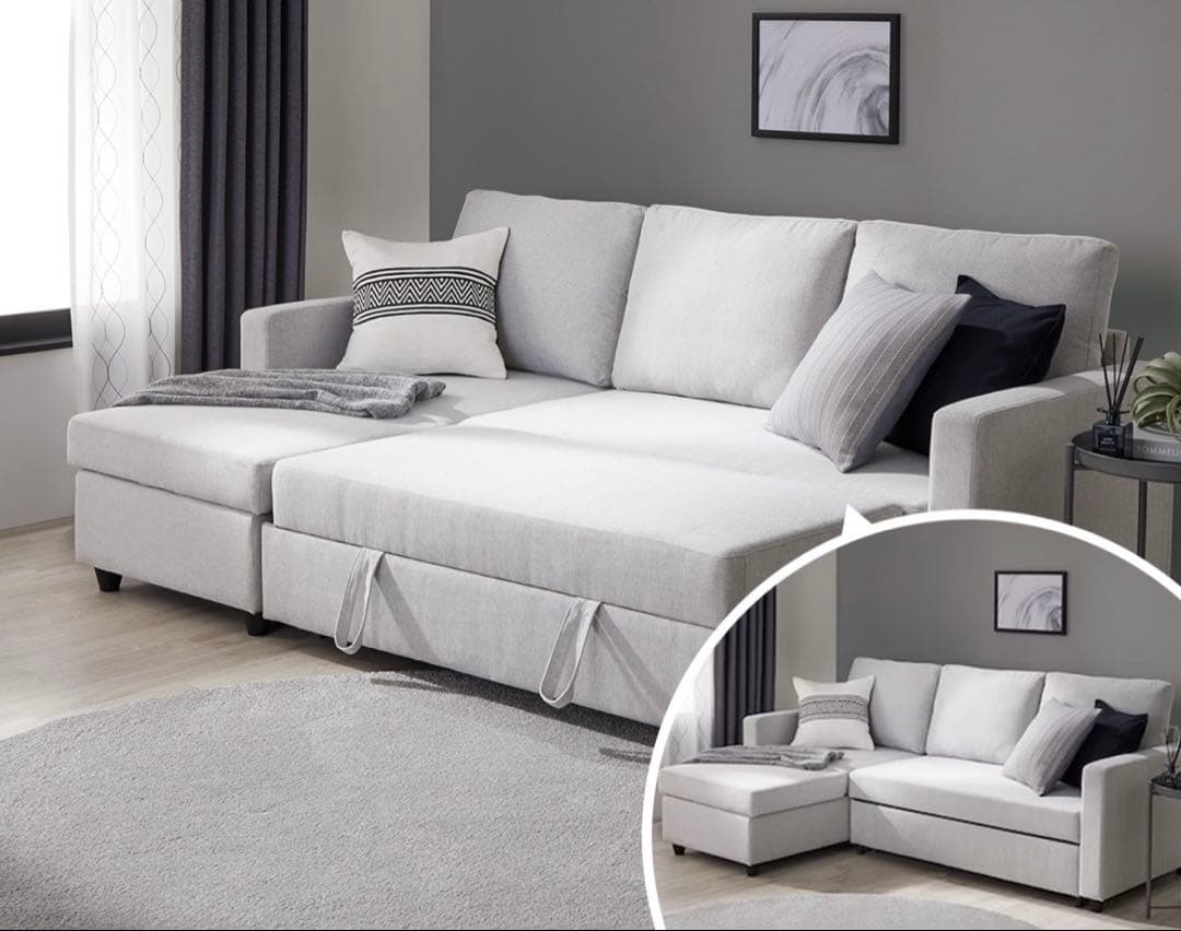 ニトリ　ソファ　布貼りカウチソファベッド　ノアーク　グレイ 収納付きカウチソファベッド 布張りタイプ (ノアーク2 撥水加工 DGY